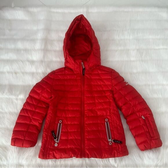 Bogner Kids Orange Red Down Ski Jacket with Hoodie (M) - Picture 1 of 10